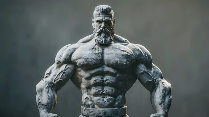 A stone statue of a muscular man with a strong mustache.
