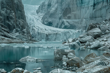 wallpaper of a shrinking glaciers, with rocky moraines as the background, during accelerated...