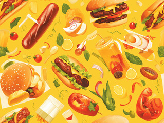  A vibrant and appetizing illustration featuring a variety of fast food items, including hamburgers, hot dogs, french fries, and beverages