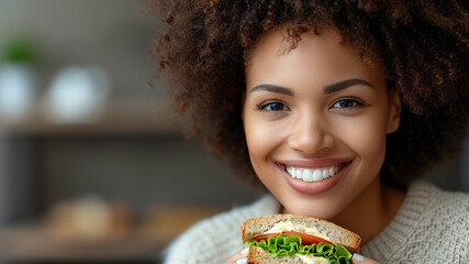 Portrait young woman holding two delicious big hamburgers. Eating fast food concept