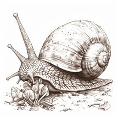 Detailed linear drawing of a snail feasting on a fresh green sprout in the garden