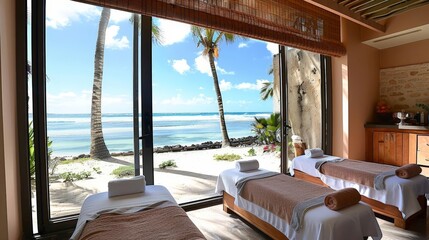 oceanfront luxury spa room with two white beds, a brown towel, and a white laptop on a hardwood and wood floor, overlooking a blue sky