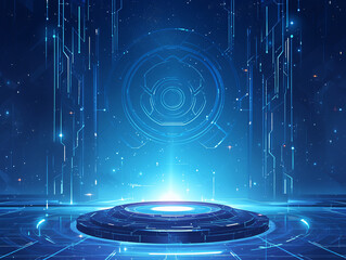 Fototapeta premium an intensely futuristic, technological virtual world. At the center is a massive, luminous ring-like device, surrounded by intricate, precise digital light lines and electronic components
