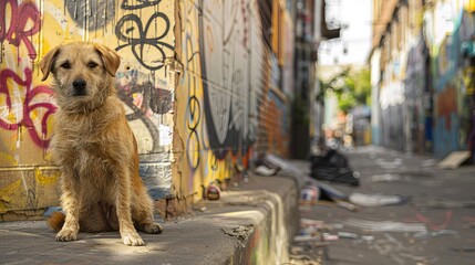 A black dog is sitting in a graffiti-covered alleyway