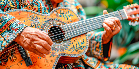 Traditional Mexican Guitar Player in Colorful Attire.