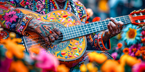 Traditional Mexican Guitar Player in Colorful Attire.