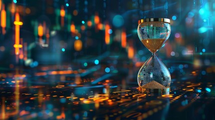  Digital illustration of an hourglass with digital numbers and graphs in the background