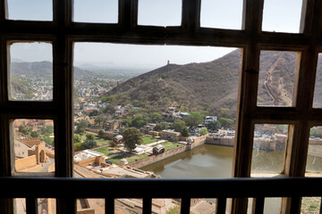 Jaipur, India: Amer Fort or Amber Fort. View from the fortress into the valley.