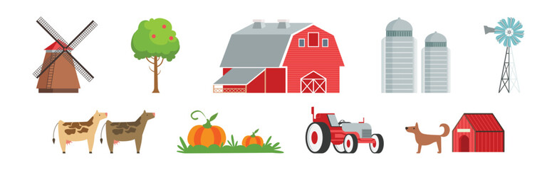 Farm and Ranch Rural Object with Tree, Barn, Windmill and Tower Vector Set