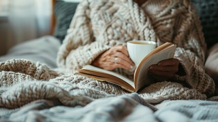 Senior reading a classic novel in bed, with a cozy quilt and a cup of tea beside him