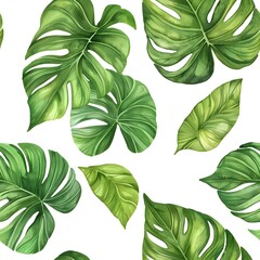 Tropical leaf wallpaper, nature leaves seamless border pattern design, watercolor illustration, hand drawn for fabric, textile industry and to print menu, cover, card, for cocktail bars