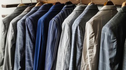 A row of suits hanging on a rack, with one of them being a blue and white striped jacket