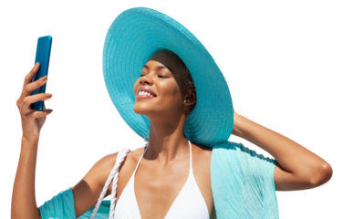 Happy girl in summer beach holiday wearing bikini, blue sun hat and pareo, using mobile phone, caribbean girl isolated in white background, for online shopping or booking sea vacation travels