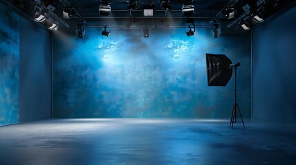 High-angle view of an empty studio space, highlighting its vibrant blue ambiance.