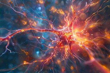 Neuron firing electrical signals, illustrated with vibrant colors and dynamic lighting