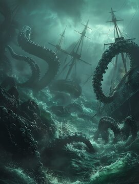 Majestic sea monster emerging from the ocean depths, with tentacles swirling around ancient shipwrecks