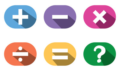Obraz premium mathematical icon. math calculations addition, division, subtraction, multiplication, plus minus button symbol set. mathematical calculator education vector. Vector pictogram. Math symbols icon set.