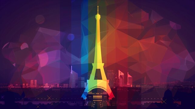 Eiffel tower in the night against an abstract background of olympic color
