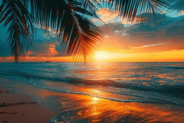 Perfect beach sunset. Beautiful tropical beach scene for background or wallpaper. Summer vacation holiday concept design and copy space with generative ai