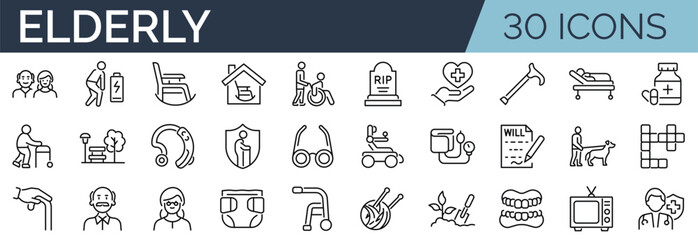 Set of 30 outline icons related to elderly. Linear icon collection. Editable stroke. Vector illustration