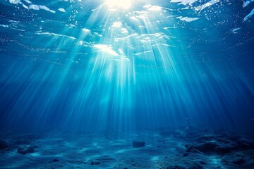 Fototapeta premium Underwater Sun Rays, Deep Water Sunlight, Under Sea Sunbeams Background, Blue Ocean Bottom