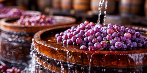 Washing Fresh Grapes in Wooden Barrels at Winery. - obrazy, fototapety, plakaty