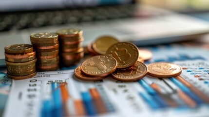 Coin and chart report financial investment growth graph Investment chart graph interface indicator rose stock line drawing to graph indicator calculation and graph is an investment tool