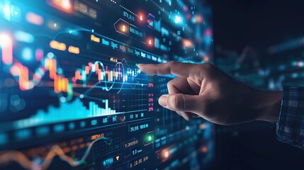 Executive analyzing progressive financial trends on futuristic metaverse interface with dynamic investment charts and digital economic indicators