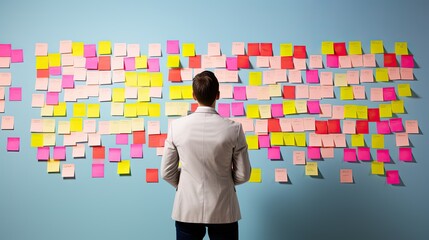 A young man in a business suit stands with his back to a wall hung with colorful stickers with uncompleted tasks.