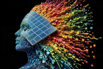 A conceptual artwork showing a human profile made of solar panels emitting a burst of cubes in warm colors, symbolizing the fusion of technology and human creativity.