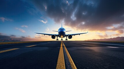 Naklejka premium A commercial airplane on a runway against a sunset background. The airplane is positioned in the center of the frame with its nose facing the camera.