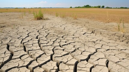 A field with dried soil against a blue sky. Deep cracks in the ground due to drought. The bottom of a dry lake or river.