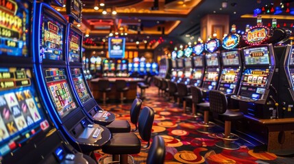 Energetic line of slot machines in a lively casino setting, illuminated by vibrant lights