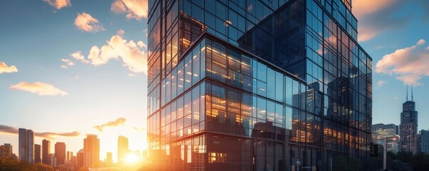 The sunset hues reflecting on the smooth glass surfaces of urban skyscrapers in a cityscape. banner