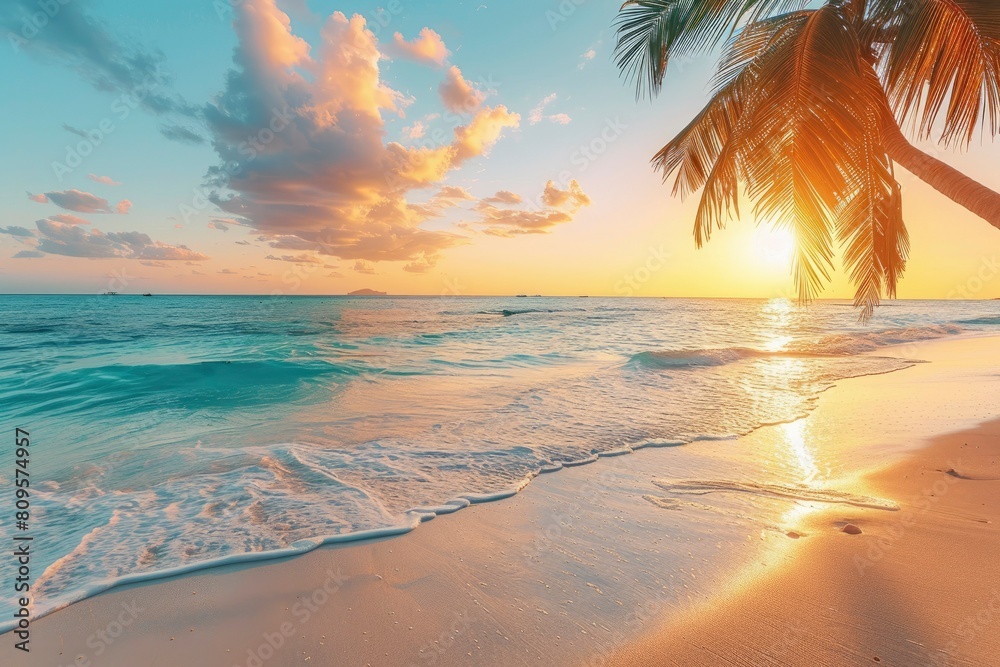 Wall mural Perfect beach sunset. Beautiful tropical beach scene for background or wallpaper. Summer vacation holiday concept design and copy space with generative ai