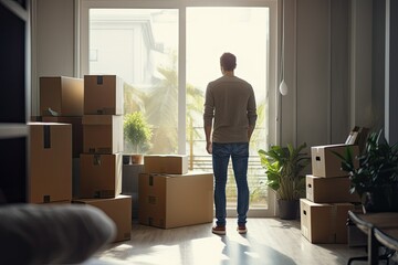 Lonely man near large boxes in a room illuminated by sunlight. Moving to a new bachelor's home.