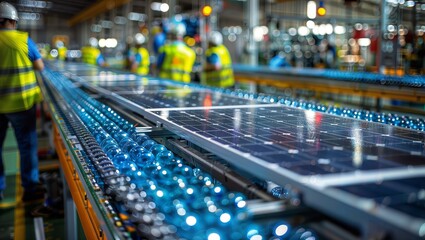 An industrial scene of a production line or manufacturing process, with workers in reflective vests standing near a conveyor belt carrying blue-lit components or products in a blur of motion.