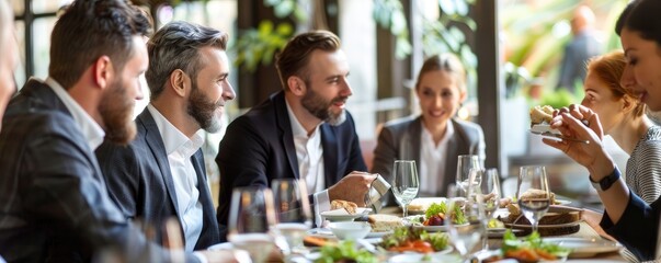 Colleagues having a friendly business lunch in a classy restaurant, enjoying food and conversation.