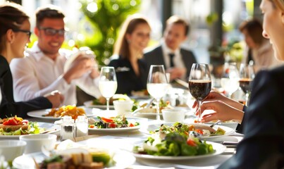 Colleagues having a friendly business lunch in a classy restaurant, enjoying food and conversation.