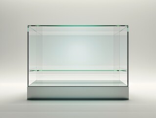 A sleek, empty glass display case with a minimalist design.