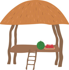 오두막에 놓여진 수박