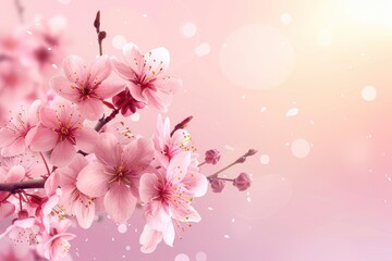 Horizontal banner with sakura flowers of pink color on sunny backdrop. Beautiful nature spring...