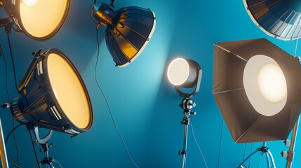 Top view of an empty photo studio, showcasing professional lighting equipment against blue walls.