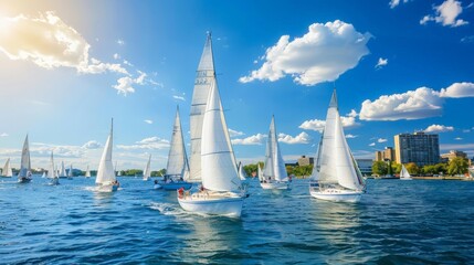 summer sailing regattas on blue waters with white boats and tall buildings in the background, under a clear blue sky with white clouds