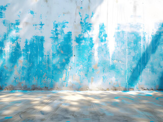 blue and white color hand brush paint on old wall background with the floor. cement wall texture with copy space