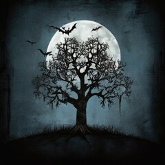 dark grunge background with spooky tree and bat