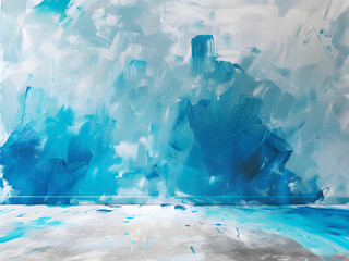 Fototapeta premium blue and white color hand brush paint on old wall background with the floor. cement wall texture with copy space