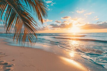 Perfect beach sunset. Beautiful tropical beach scene for background or wallpaper. Summer vacation holiday concept design and copy space with generative ai