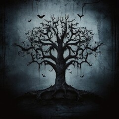 dark grunge background with spooky tree and bat