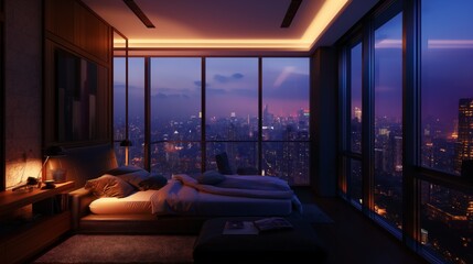 City View Penthouse Bedroom at Night